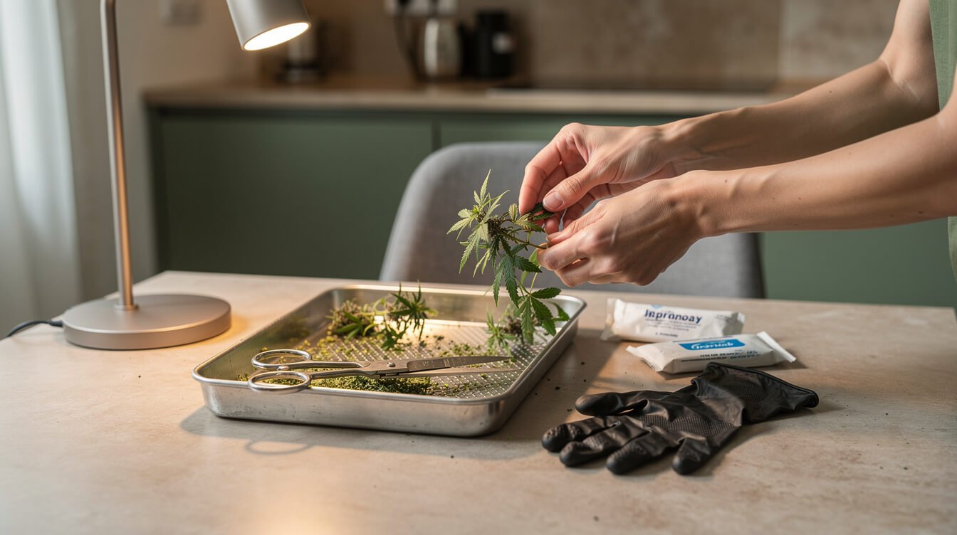 Home cannabis trimming station with trim tray, scissors, gloves and a lamp