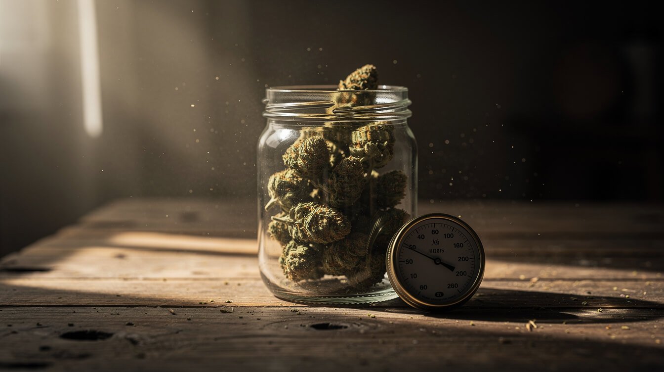 sealed glass jar of cannabis flower with a hygrometer, illustrating how long weed stays good