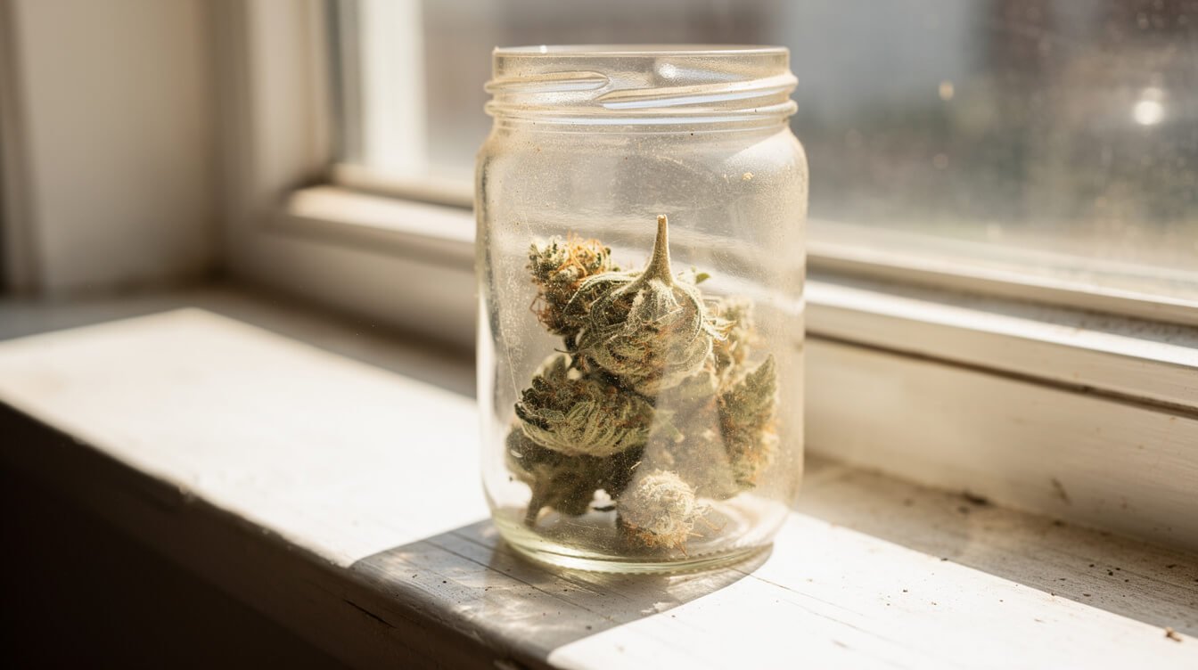 clear glass jar of cannabis in direct sunlight, the most common weed storage mistake