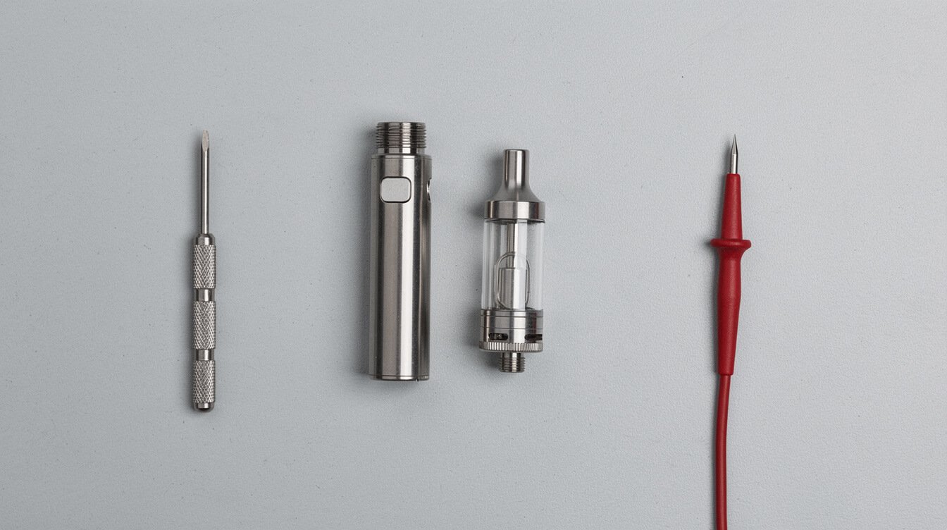 A vape battery and cartridge laid out on a workbench to show how the cutoff works
