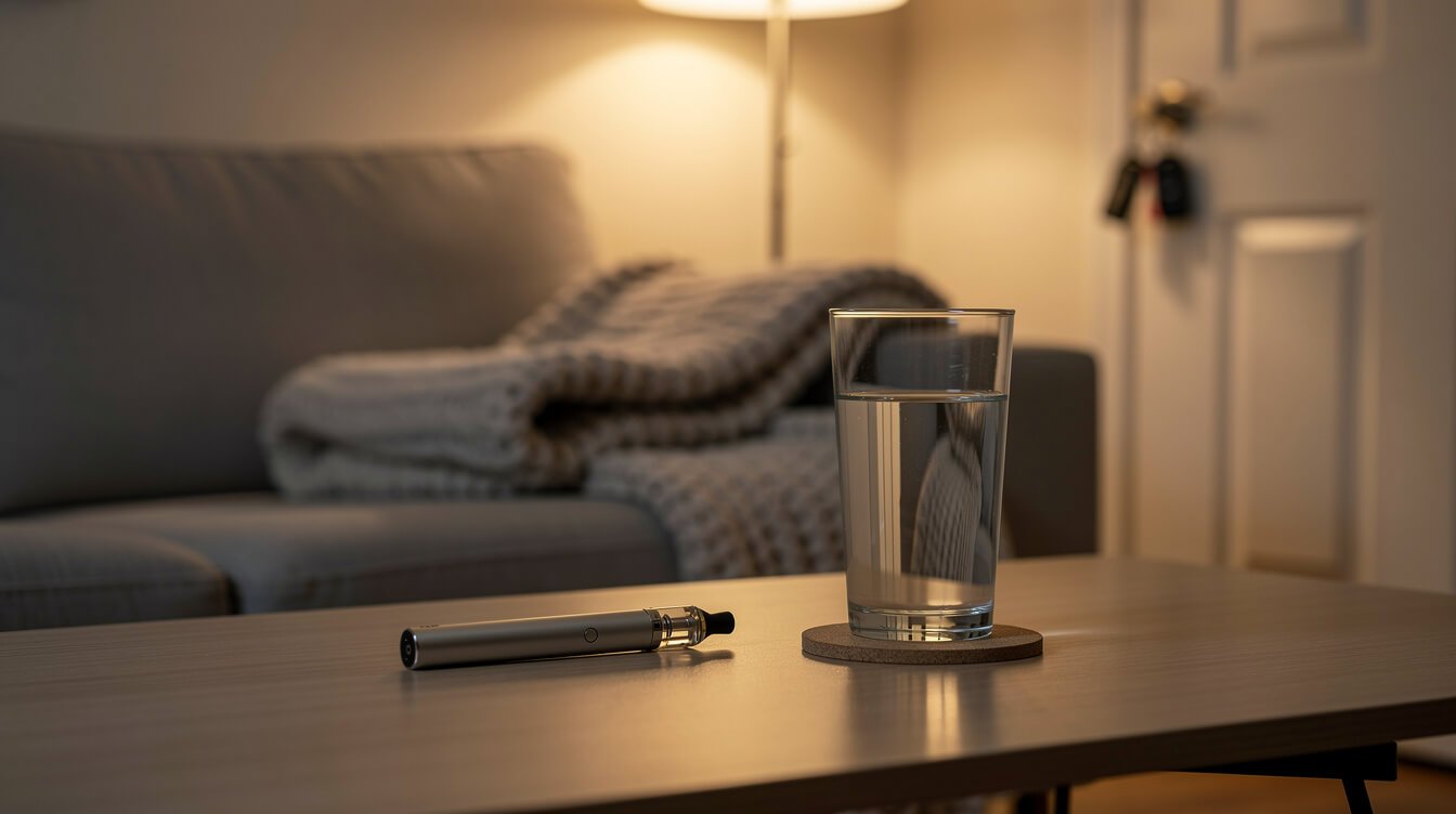A calm evening setup with water and a vape pen set aside, harm reduction for a blinker