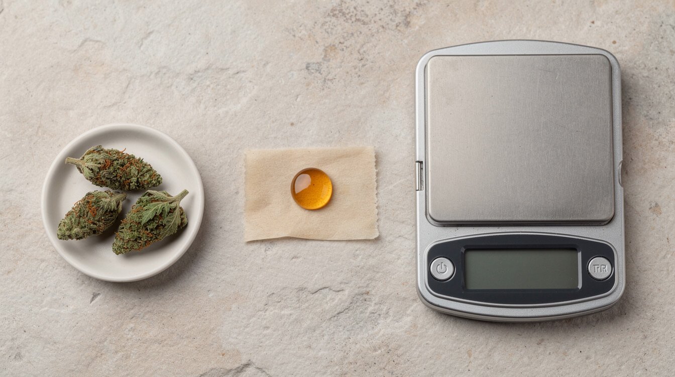 A few cannabis buds in a dish beside a tiny drop of amber concentrate and a pocket scale