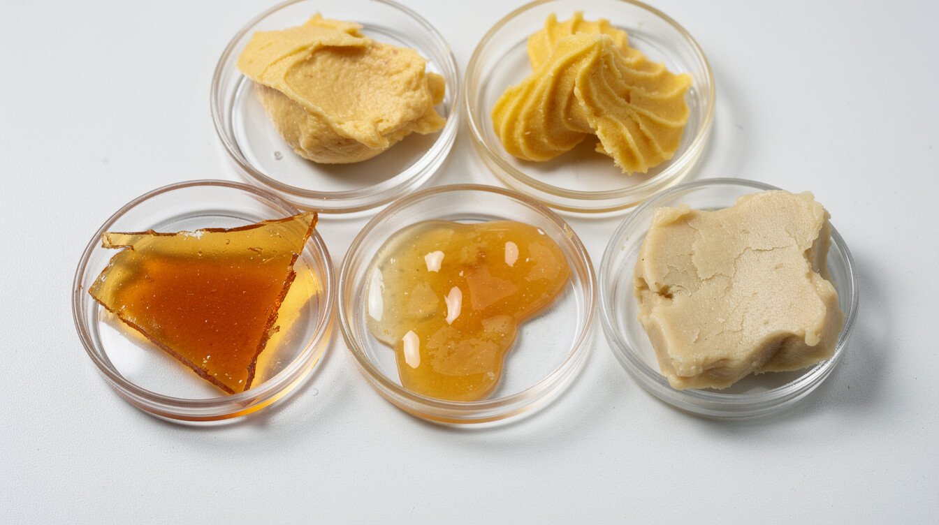 Small glass dishes holding shatter, budder, sauce, and rosin on a white lab bench