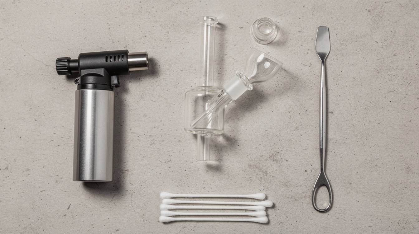 Flat lay of a glass dab rig, quartz banger, carb cap, small torch, and dab tool