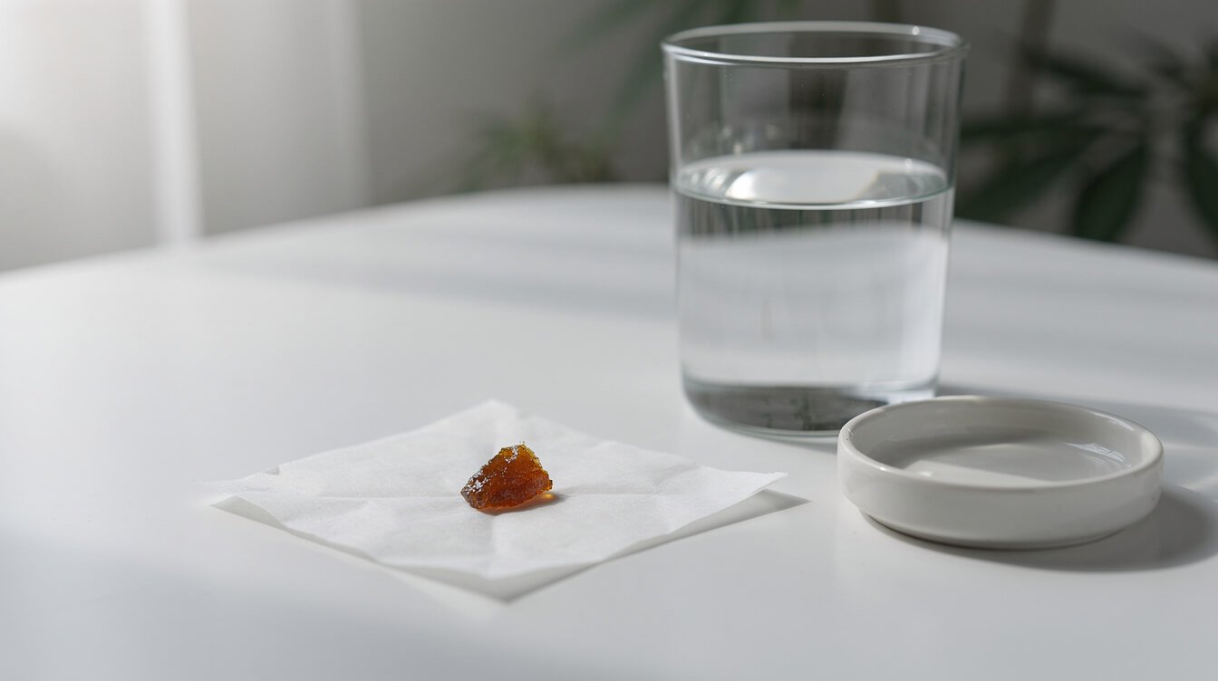 Tiny portion of amber cannabis concentrate on parchment beside a glass of water