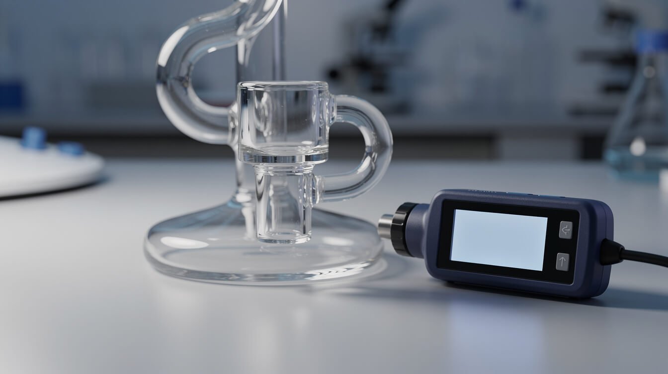 Quartz banger on a glass rig beside an infrared thermometer on a lab bench