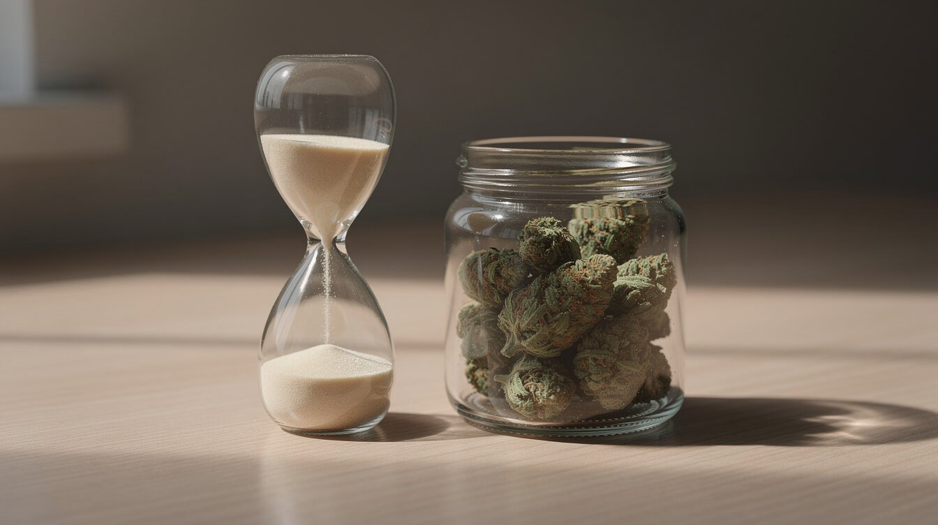 Sand hourglass beside a closed glass jar of cured cannabis flower on a wooden desk