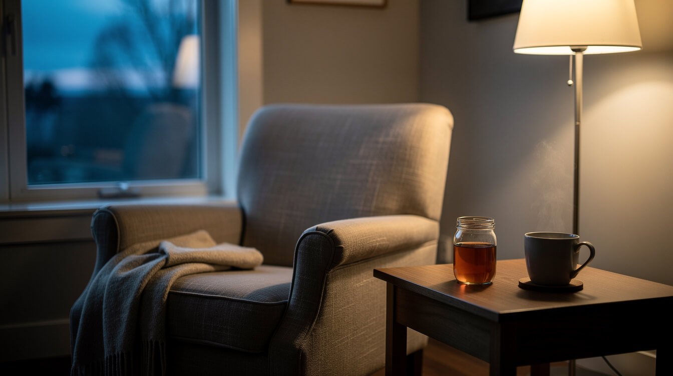 Quiet living room at dusk with an empty armchair and a closed jar on a side table