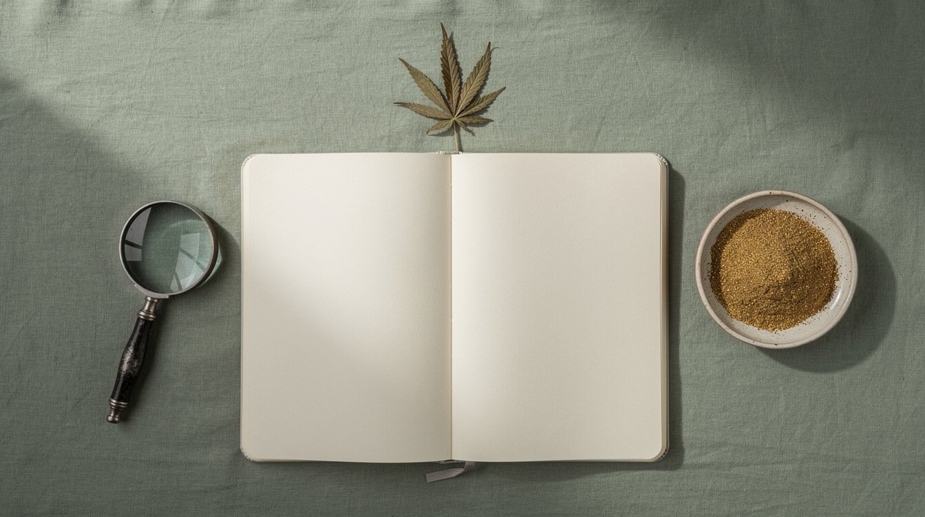 notebook, loupe, and a dish of kief for a kief FAQ