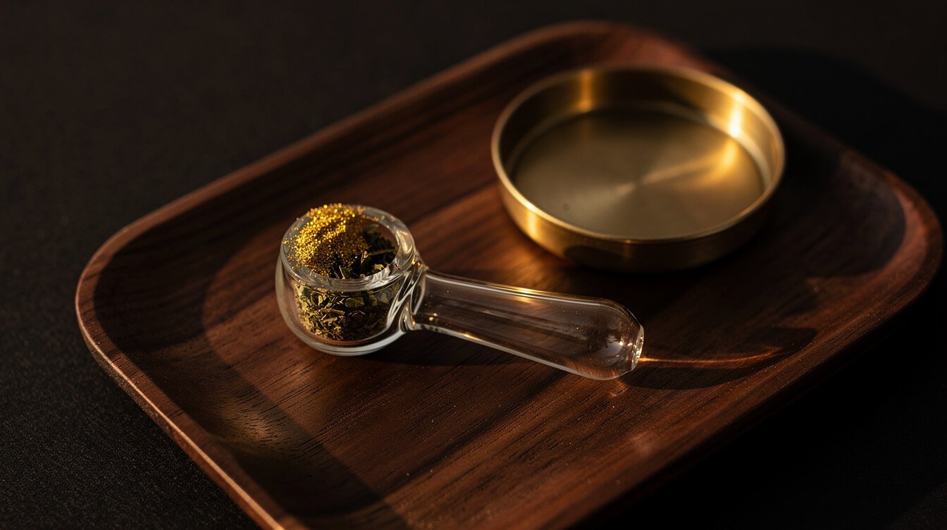 a pinch of kief layered over ground flower in a glass bowl