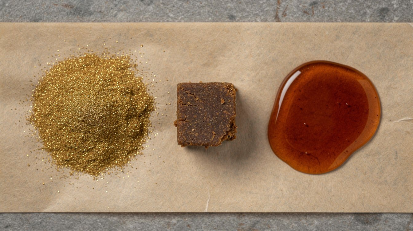 loose kief beside pressed hash and amber rosin on parchment